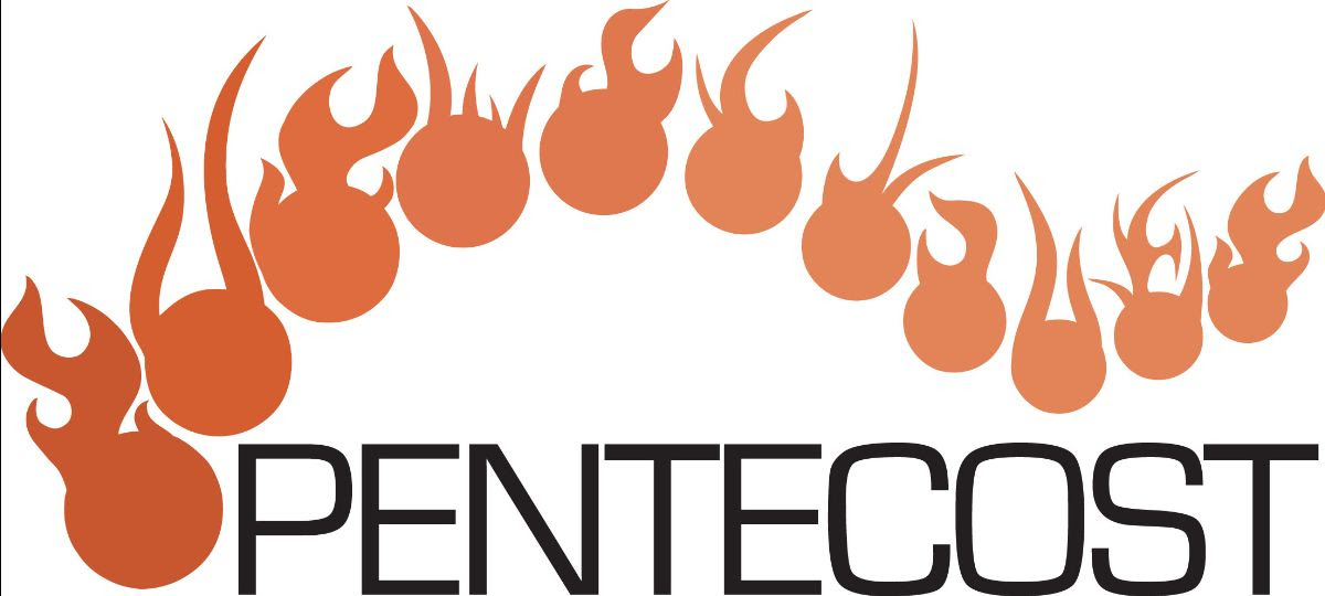 Pentecost banner with orange flames in wavy motion on top
