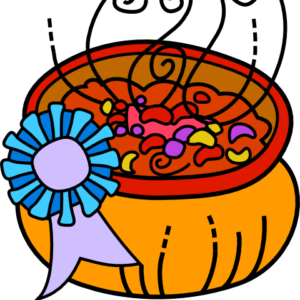 Illustrated bowl of chili filled with beans and swirls, sitting in an orange pot and topped with a blue first-place ribbon, representing a Chili Cookoff Fundraiser.