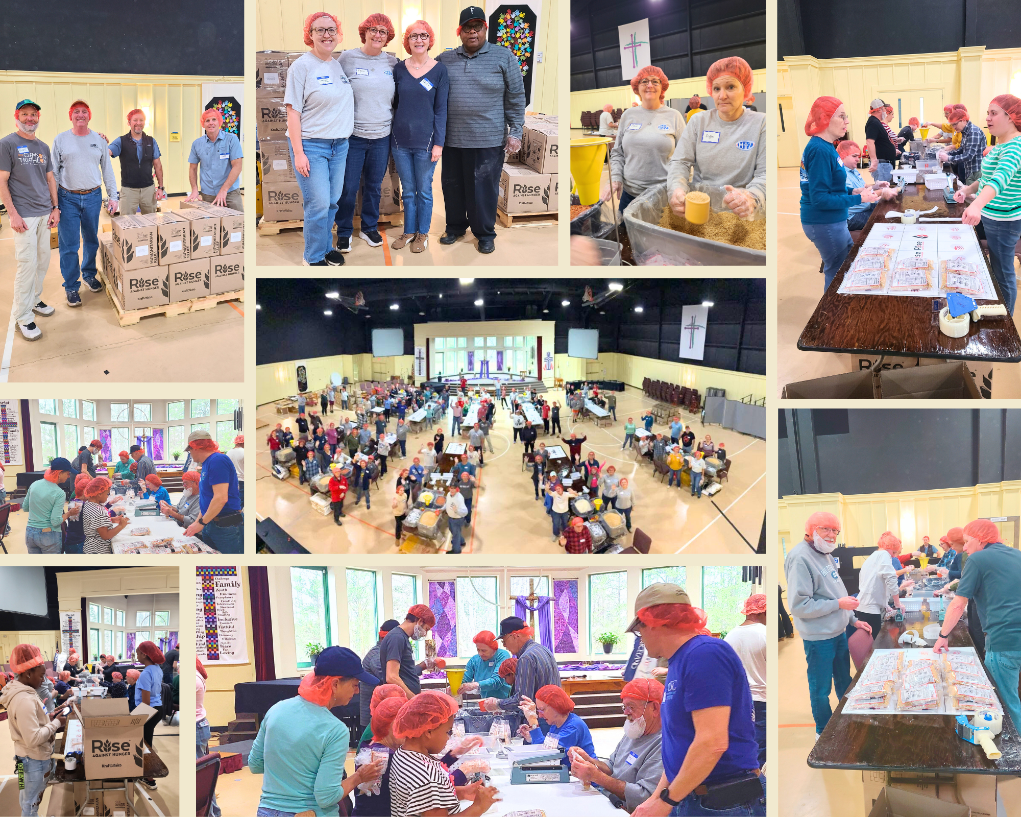 Rise Against Hunter Collage of mutliple volunteers packing in side the church. 